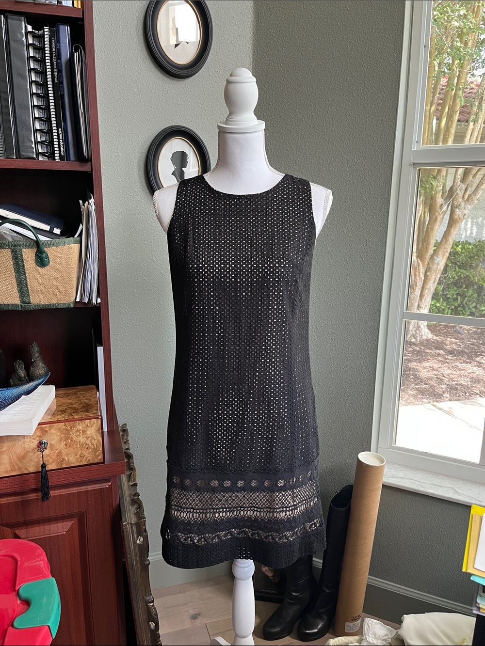 LOFT Black Eyelet Shift Dress with Lace Trim